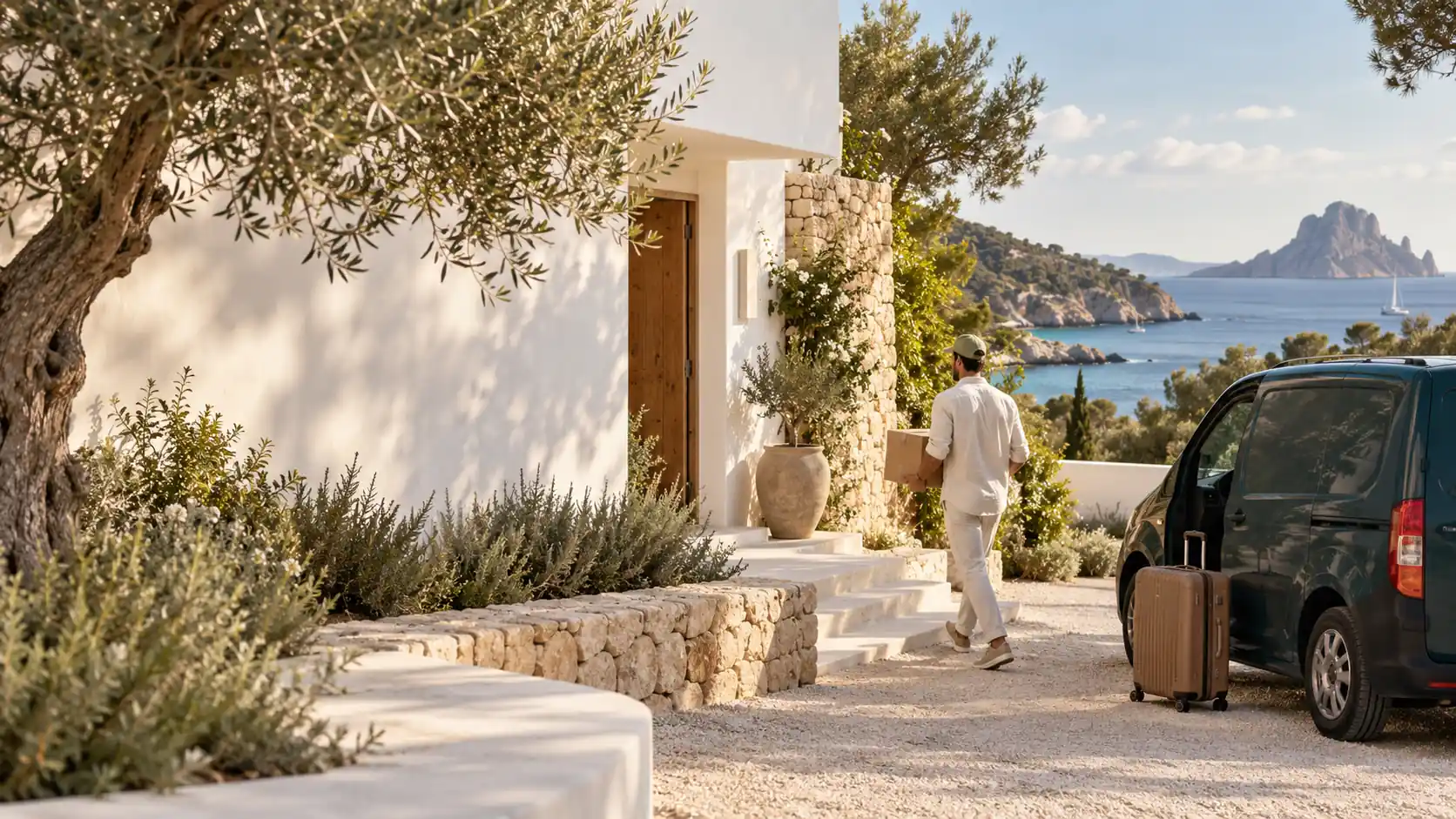 Brand illustration: courier with a parcel and luggage at a Mediterranean villa in Ibiza